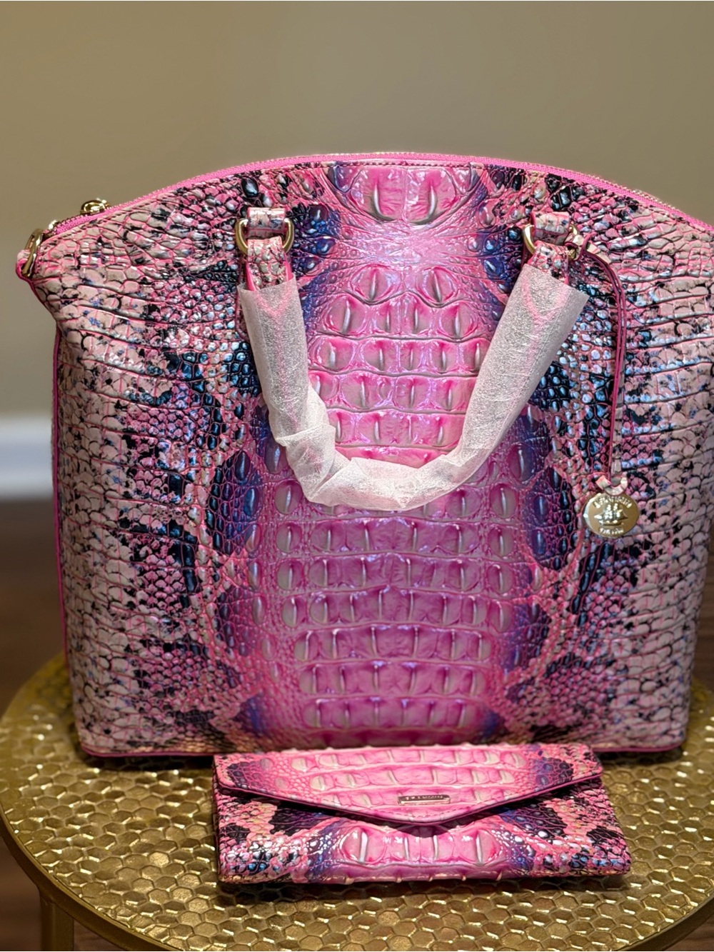 Brahmin Pink Cobra Large Duxbury Embossed Satchel withMatching Veronica Wallet - Picture 1 of 9